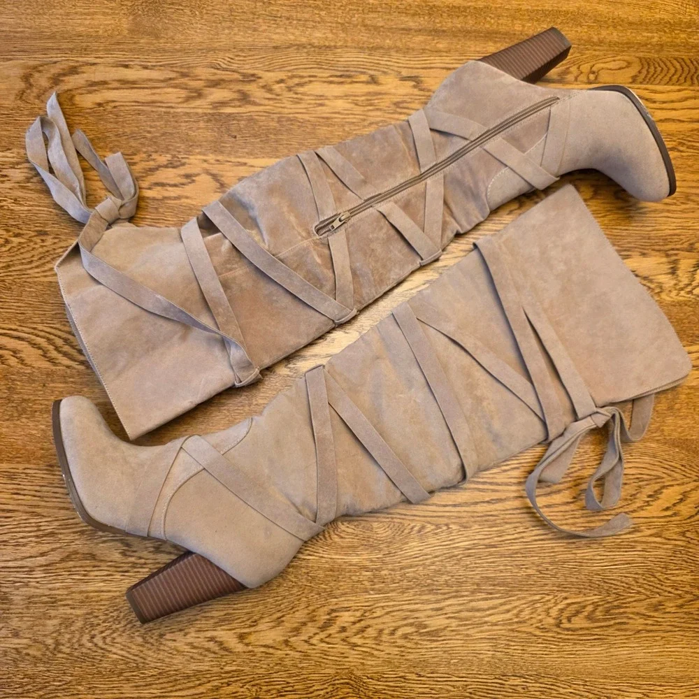Taupe Sz 10 Faux Suede Over The Knee Thigh HIgh Strappy Stacked Heel‎ Boots